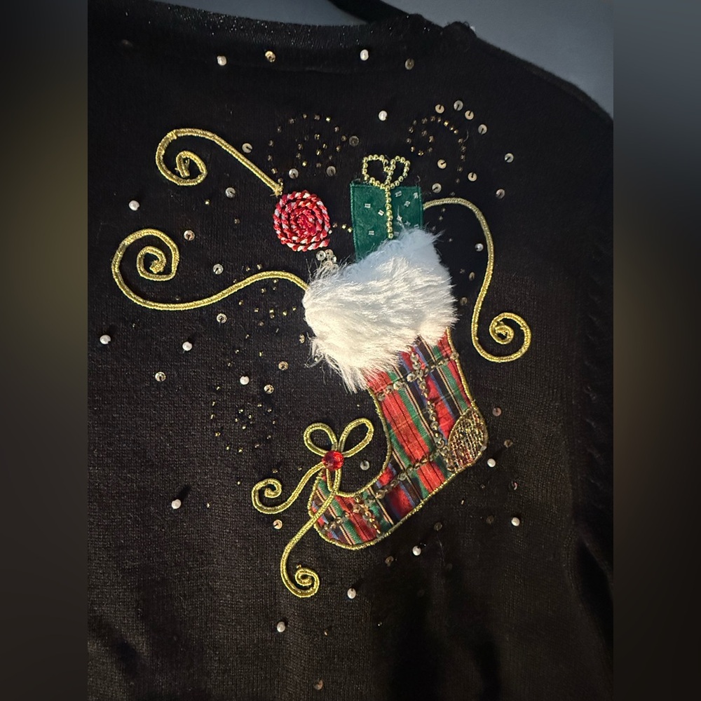 Collective Works of Berek 2 Festive Black Holiday Sweater w/ Embellishments - M - Picture 4 of 11